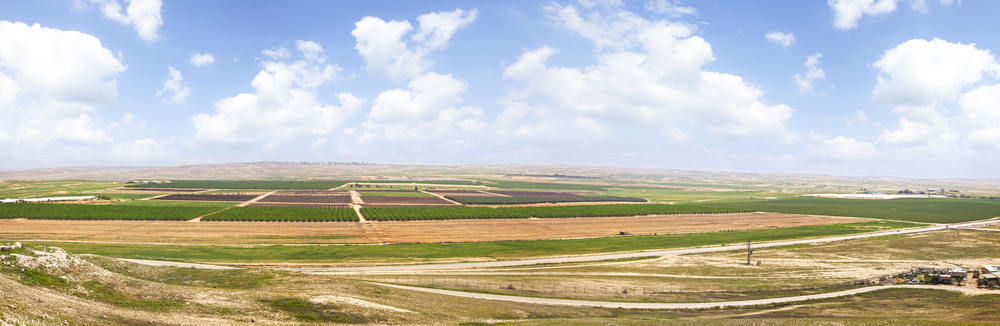 Panoramic view on spring agriculture valley - green fields, arable land and fruit plantations in the Negev desert, Israel