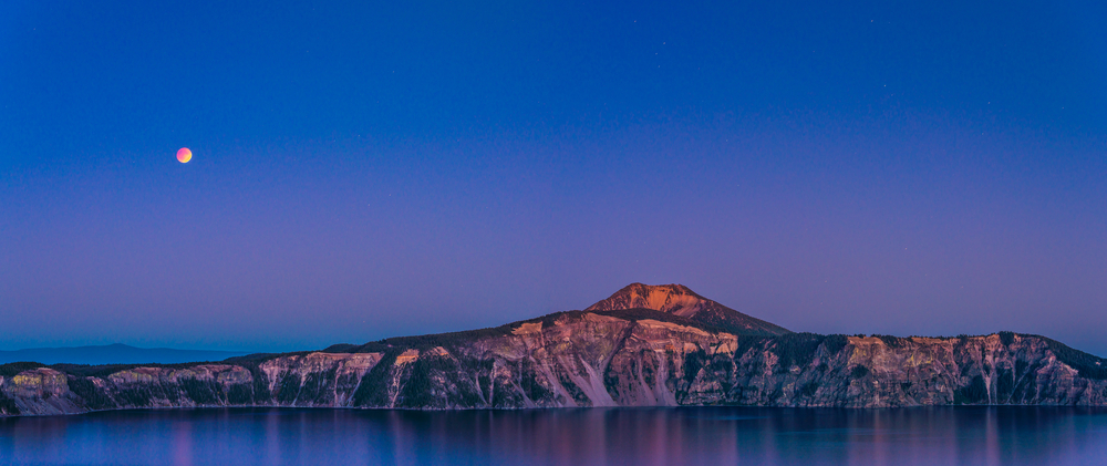 Crater lake when sunset on blood moon