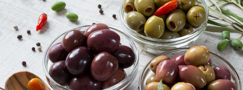 Olives in clear bowls